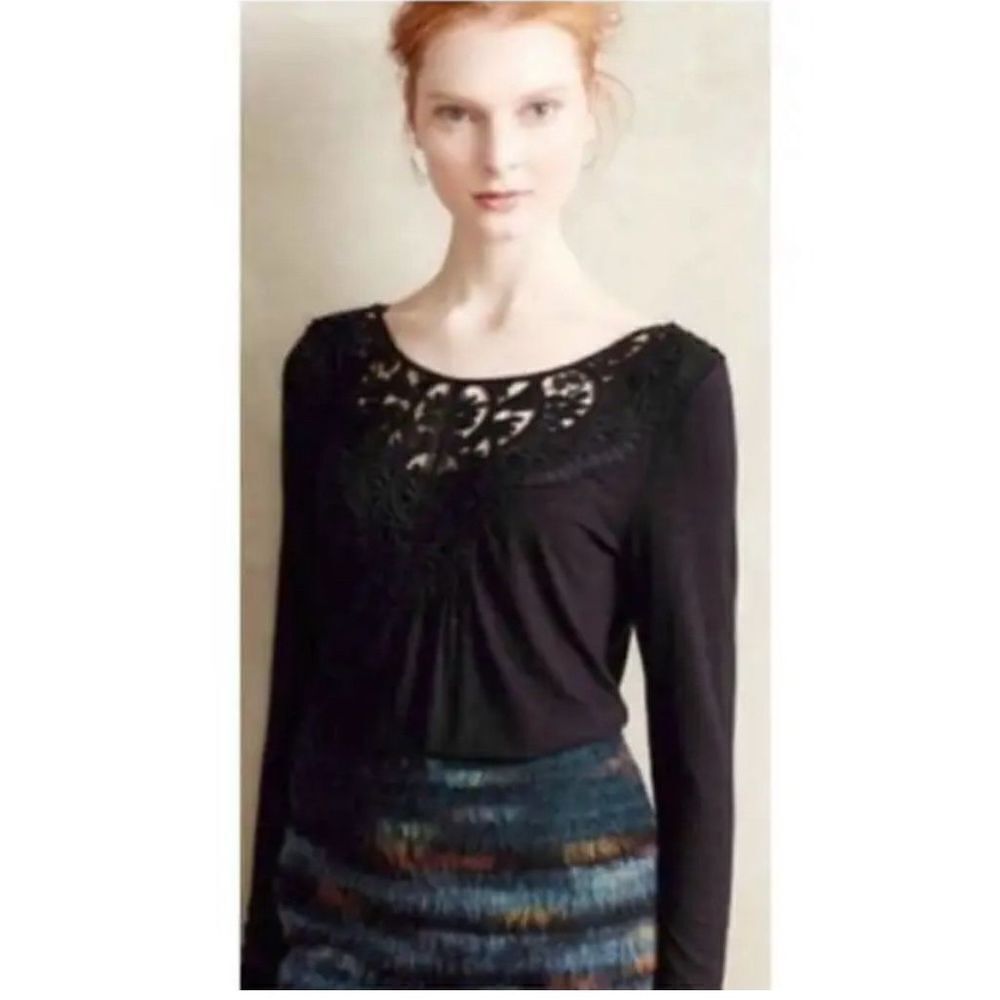 Anthropologie Meadow Rue Bobbin Crochet Lace Long Sleeve Black Top Size Small